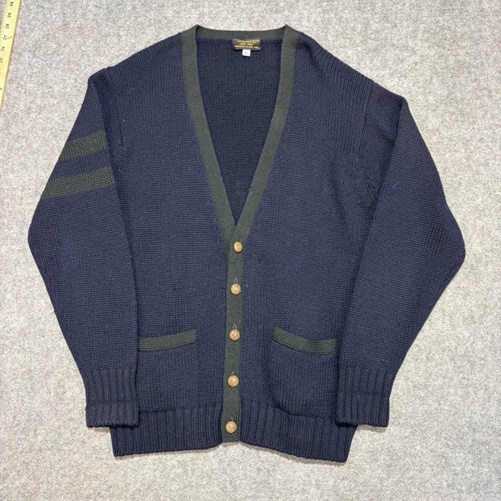 Vintage Brooks Brothers Wool Cardigan Sweater Navy Green Stripe XL Handframed